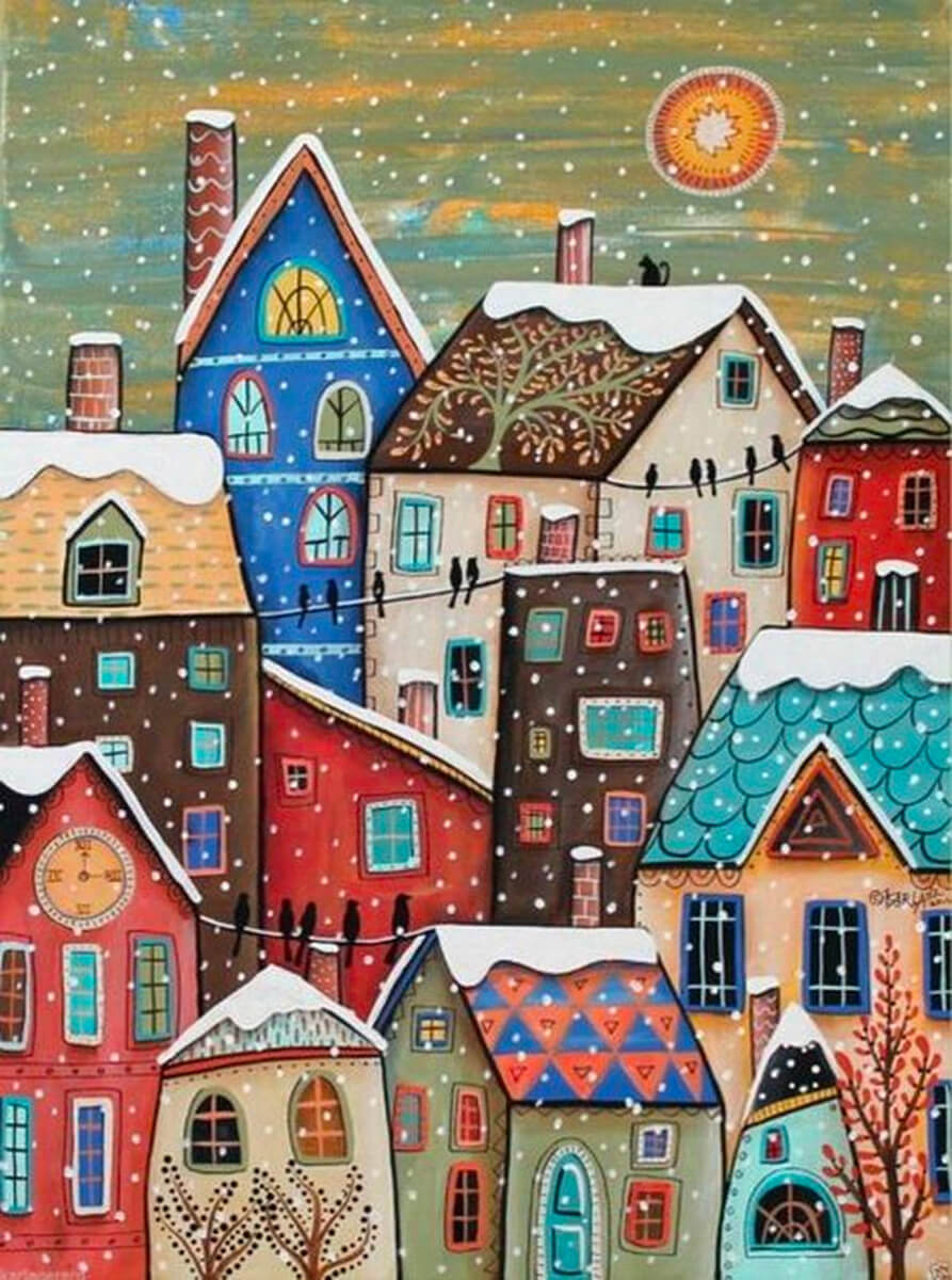 Colorful Town diamond painting kit – DIY snowy village art by DYC