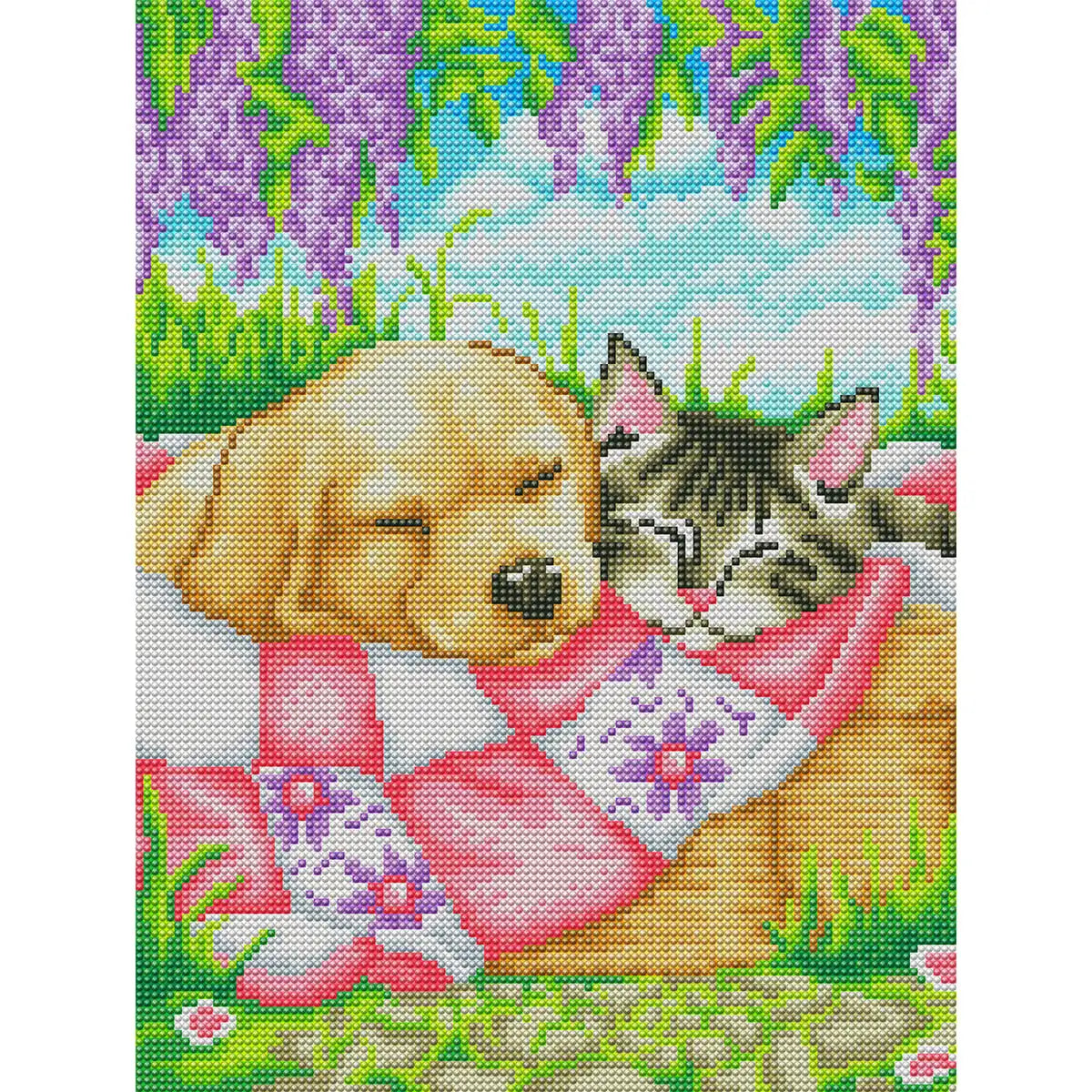 Adorable cat and dog diamond painting – puppy and tabby cat by DYC