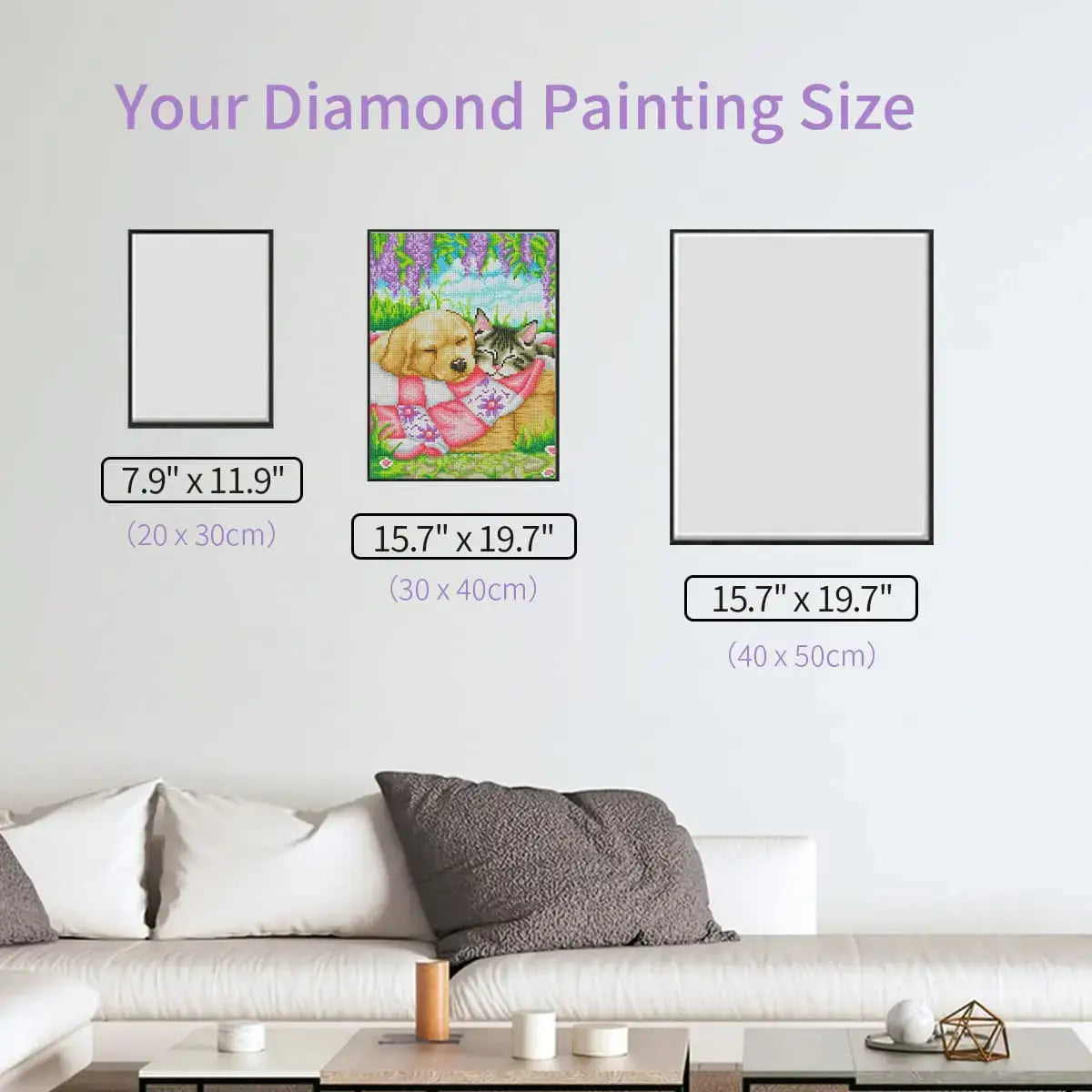 Size chart of adorable cat and dog diamond painting – puppy and tabby cat