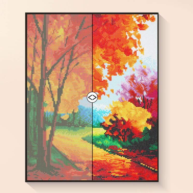 Before and after autumn diamond painting colorful fall landscape DYC