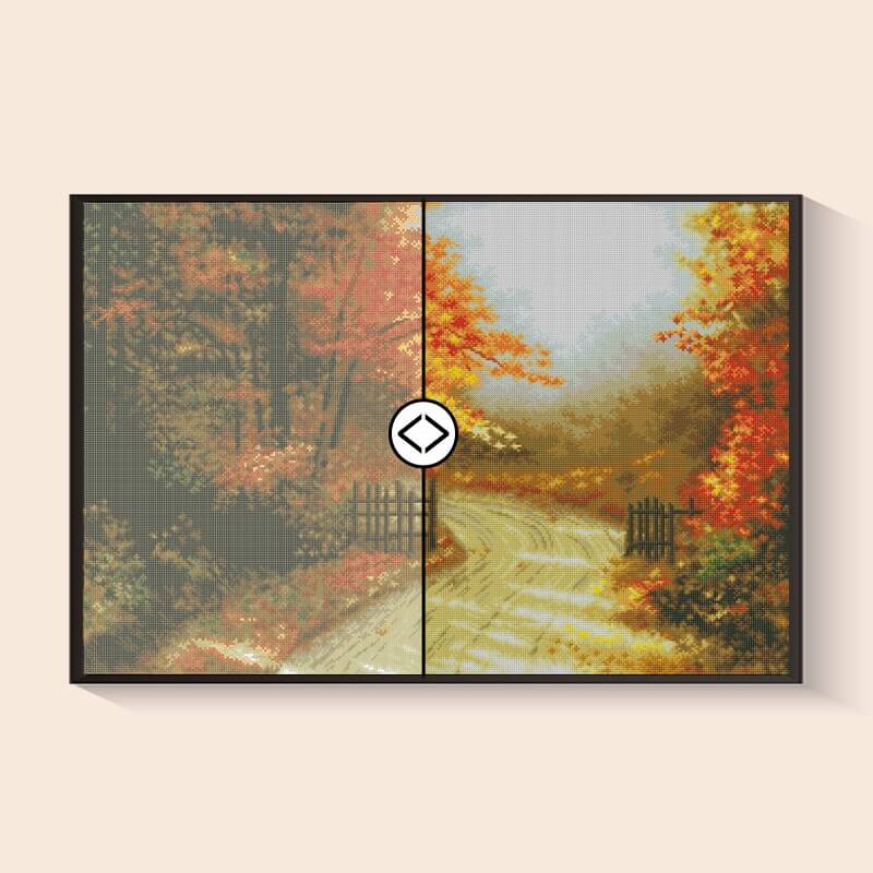 Before and after comparison – Autumn Path Diamond Art Kit Golden Fall Scene | DYC
