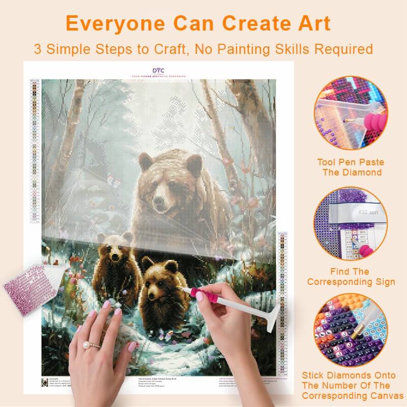 Step-by-step drilling process for Bear Family diamond painting