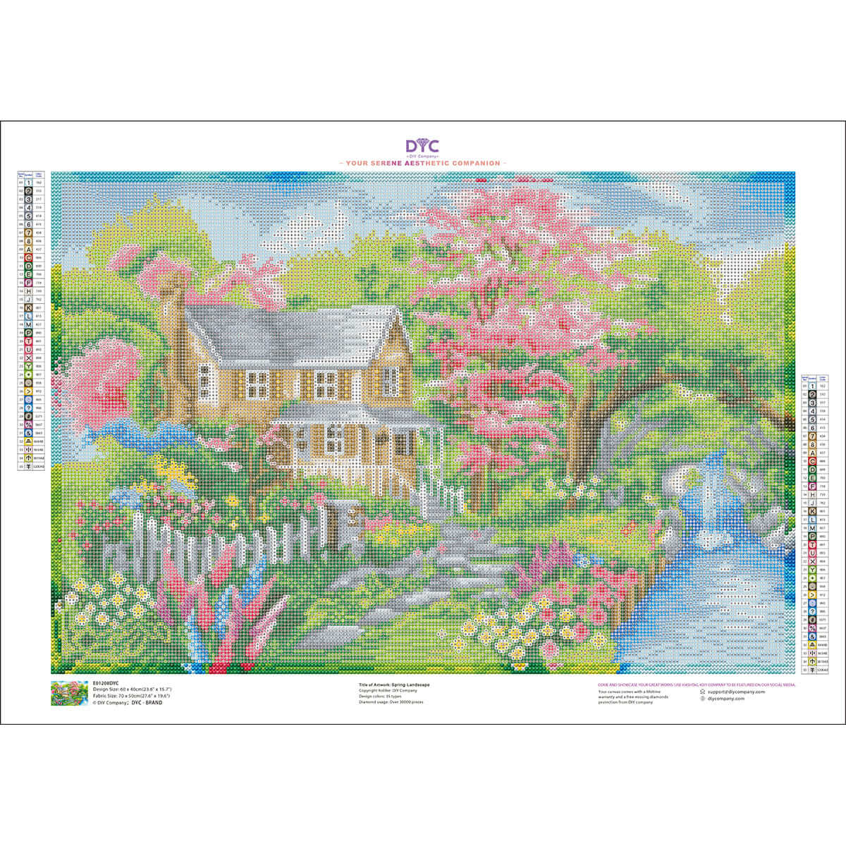 Mockup of blossom cottage by the stream spring landscape diamond art painting