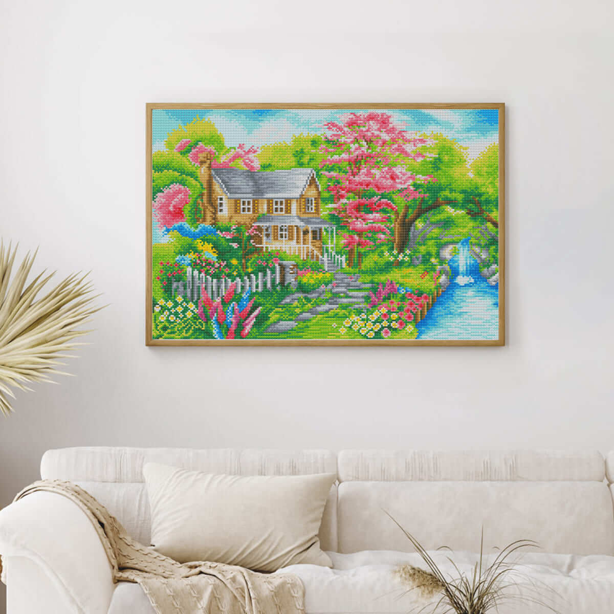 Wall decor scene with spring landscape diamond painting blossom cottage by the stream