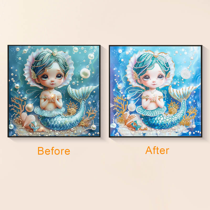 Original photo vs finished Blue Fairy Tale mermaid diamond art – DYC
