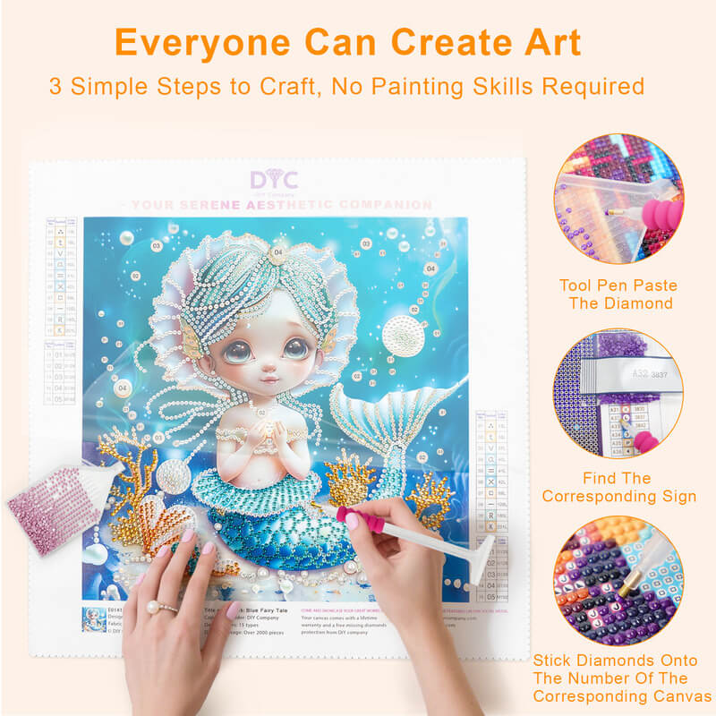 Step-by-step drilling process for Blue Fairy Tale mermaid diamond painting – DYC