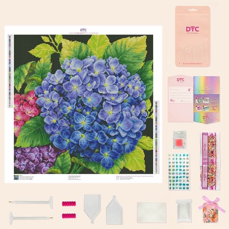 Complete Blue Hydrangea Bloom Diamond Art Kit with drills and tools | DYC