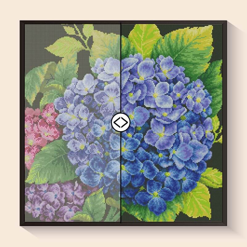 Before and after comparison – Blue Hydrangea Bloom Diamond Art Flowers Kit | DYC