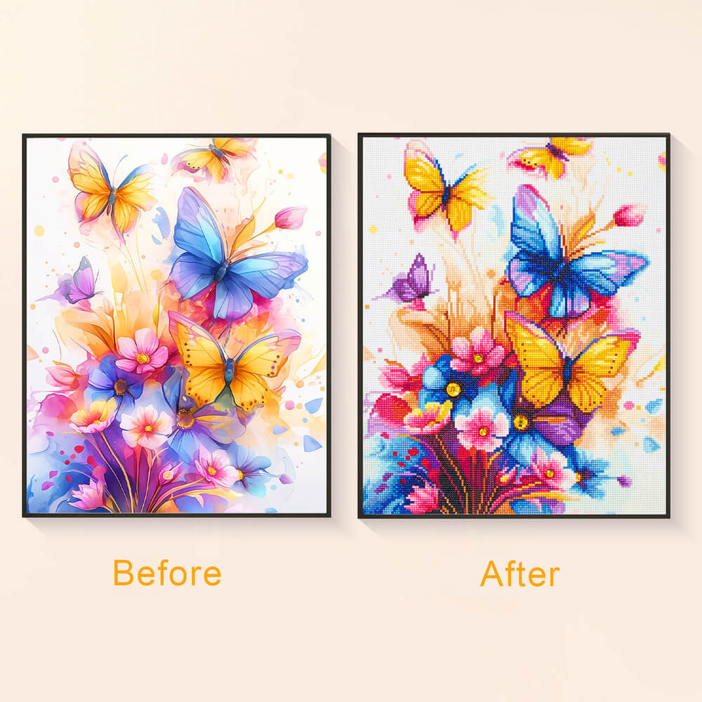 Before and after comparison of Butterflies Fly butterfly diamond painting kit