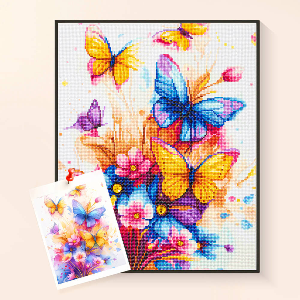 Butterflies Fly diamond painting kit with colorful butterflies and flowers