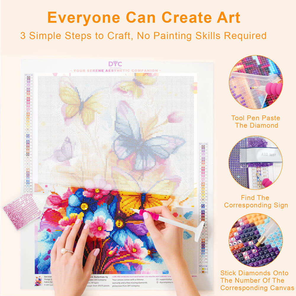 Step by step diamond art process of Butterflies Fly butterfly painting