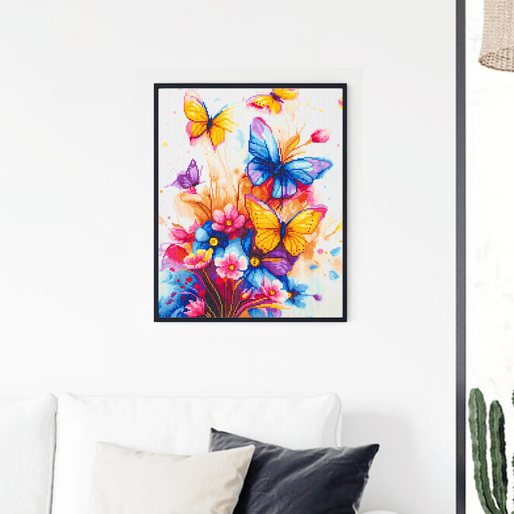 Butterflies Fly butterfly diamond painting framed as wall décor in living room