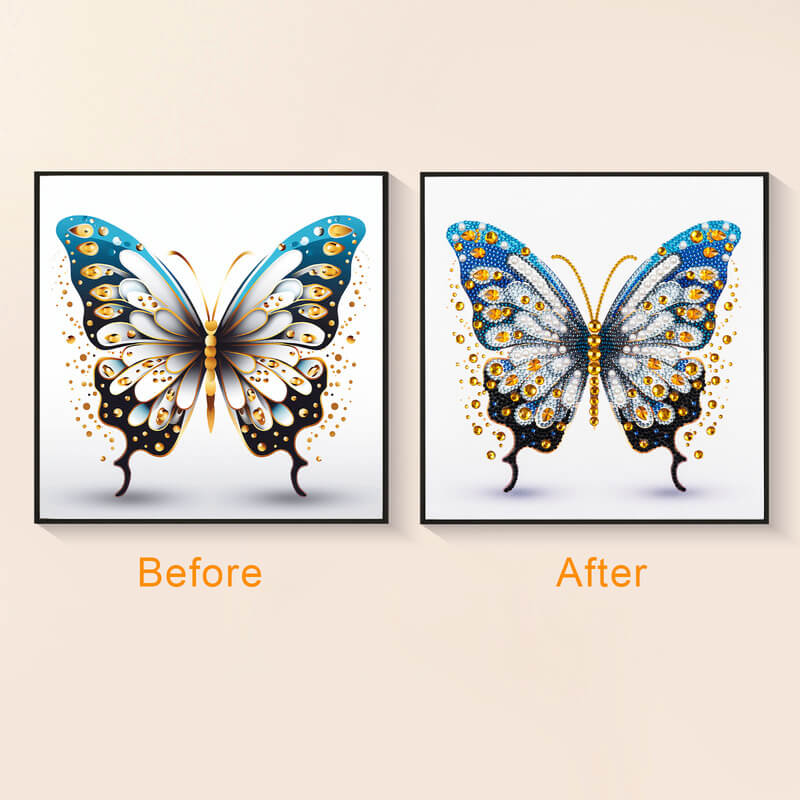 Photo vs finished Butterfly Love diamond art kit – DYC