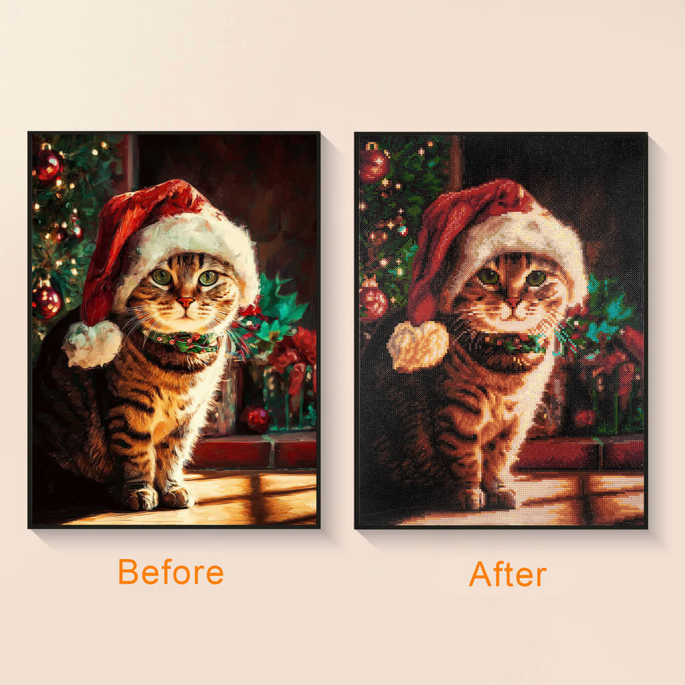 Before and after comparison of Christmas Tabby diamond painting