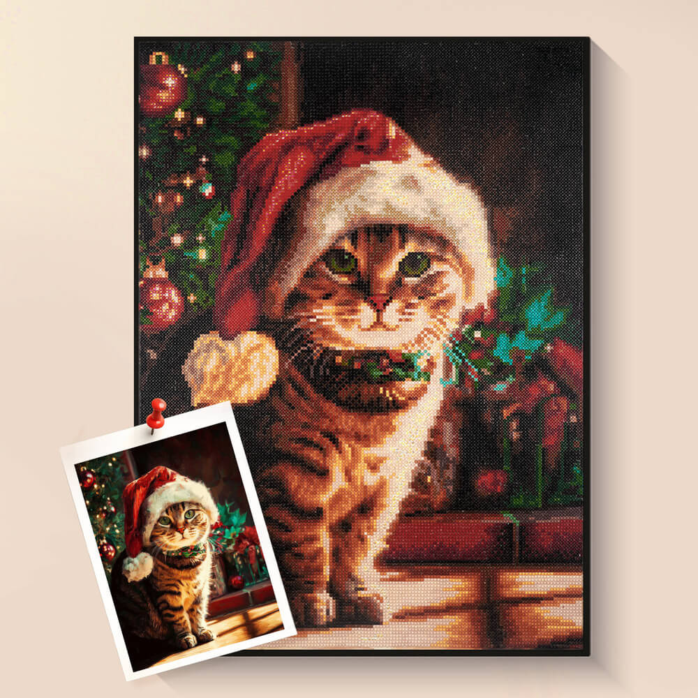 Christmas Tabby cat diamond painting kit with festive Santa hat