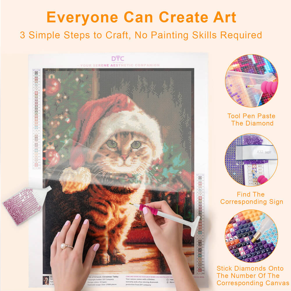 Christmas Tabby diamond art painting drilling process with beads