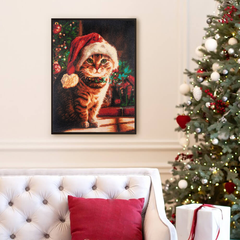 Christmas Tabby diamond painting displayed as wall décor for holiday home