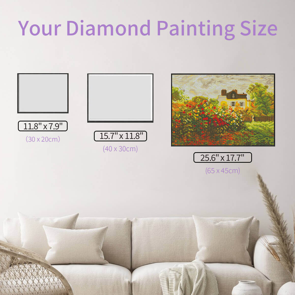Size chart of countryside cottage diamond painting wildflower meadow hut
