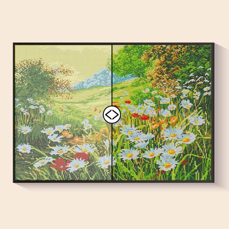 Original photo vs finished Daisy Field diamond art – DYC