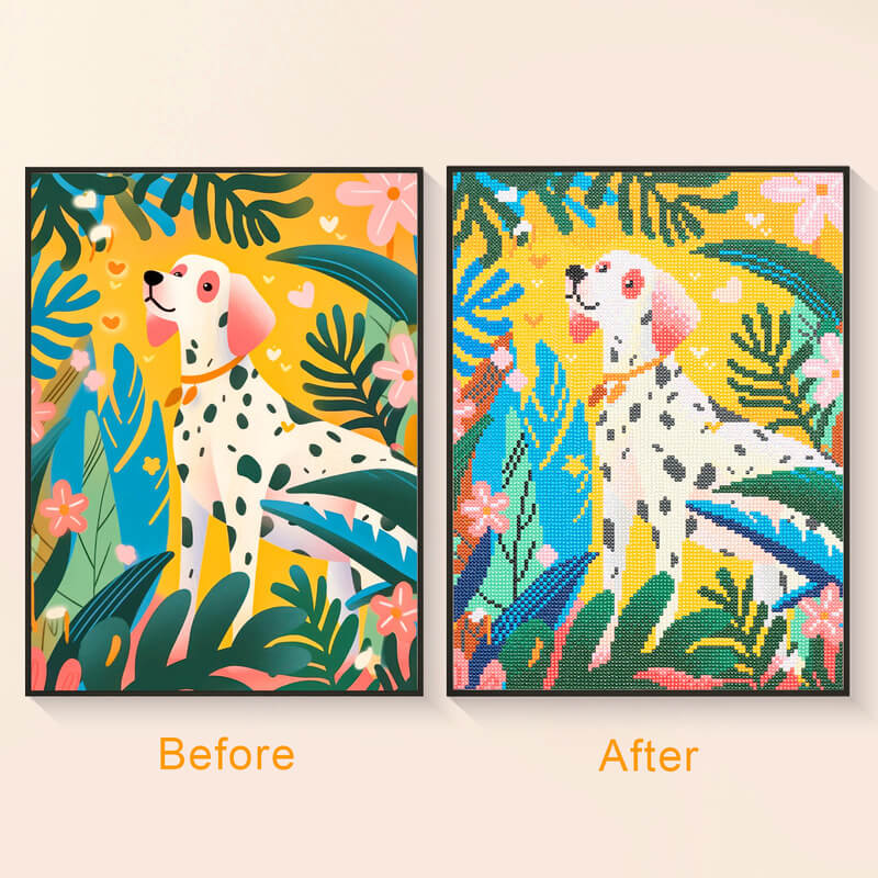 Before and after Dalmatian dog diamond art kit DYC
