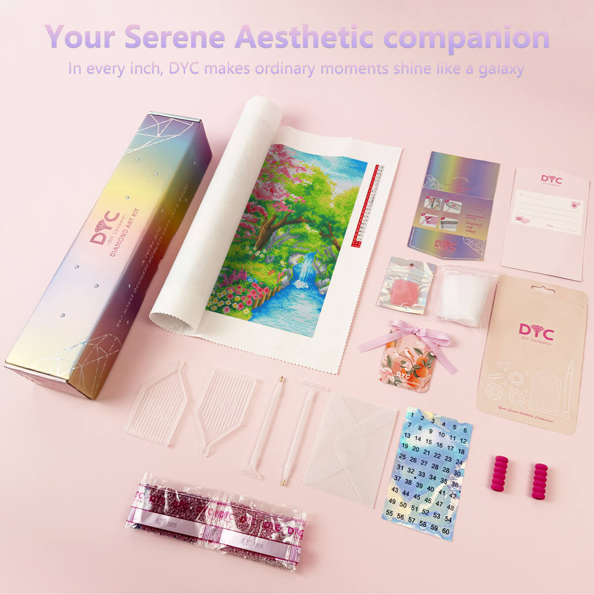 Diamond painting kit with tools and accessories – blossom cottage by the stream spring design