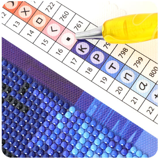 Step 1 of how to do diamond painting: an adult crafter checking canvas symbols and selecting the matching diamond drills.