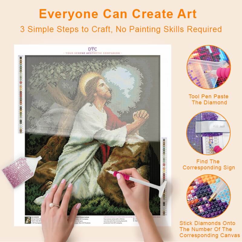 Step-by-step drilling process for Distant Place Jesus diamond painting – DYC