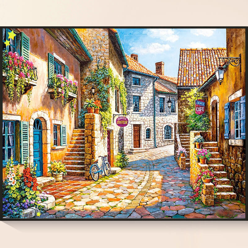 Finished Afternoon Alley diamond painting artwork – DYC