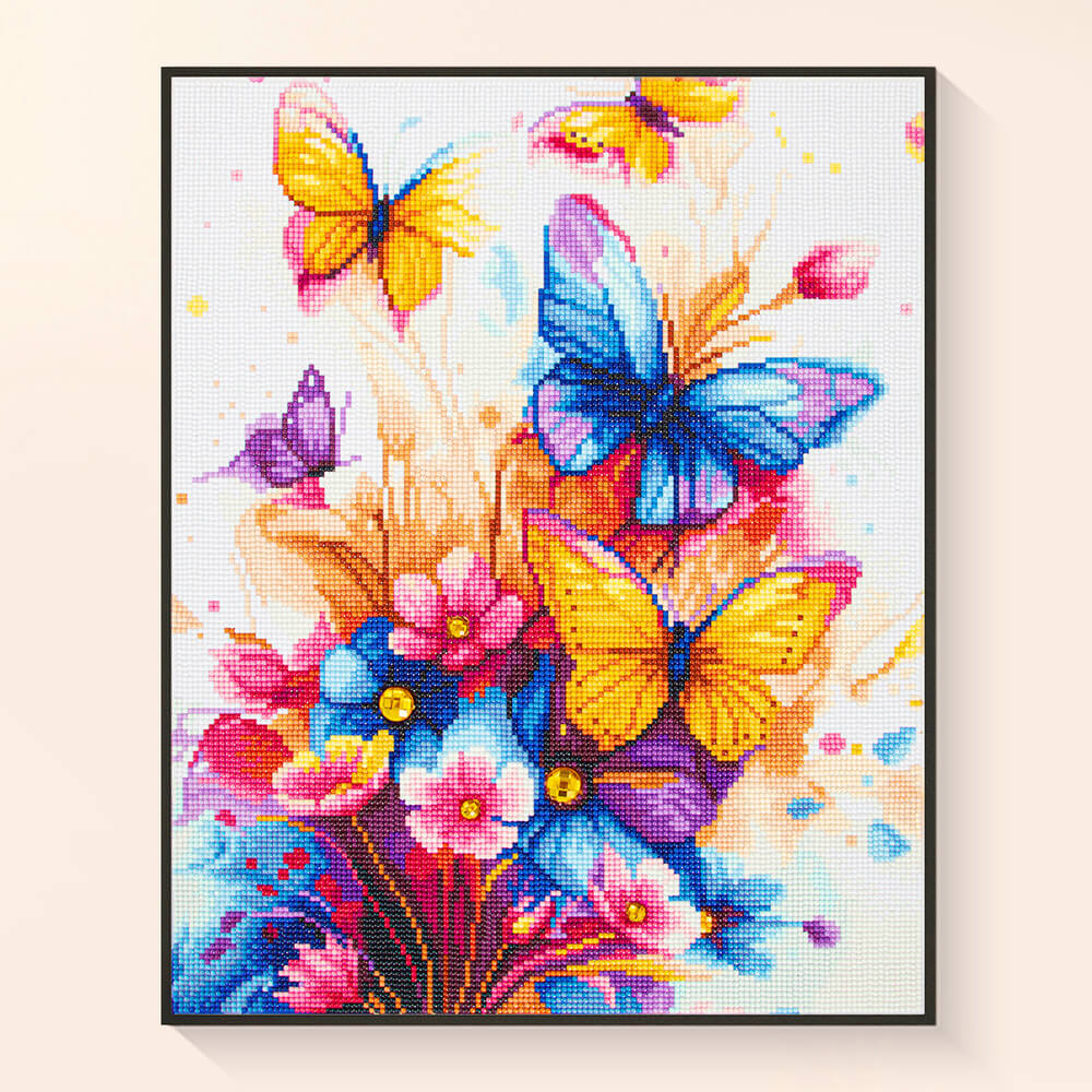 Finished Butterflies Fly butterfly diamond painting displayed on wall