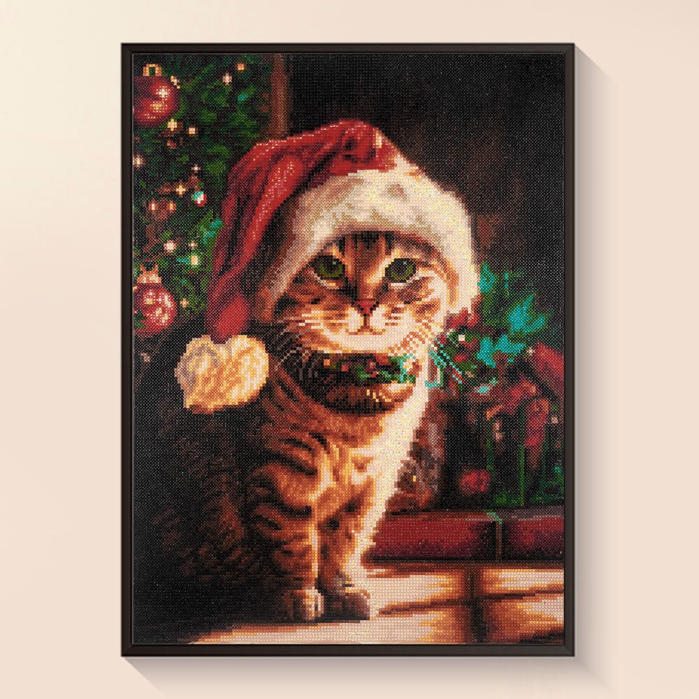 Finished Christmas Tabby cat diamond painting with festive details