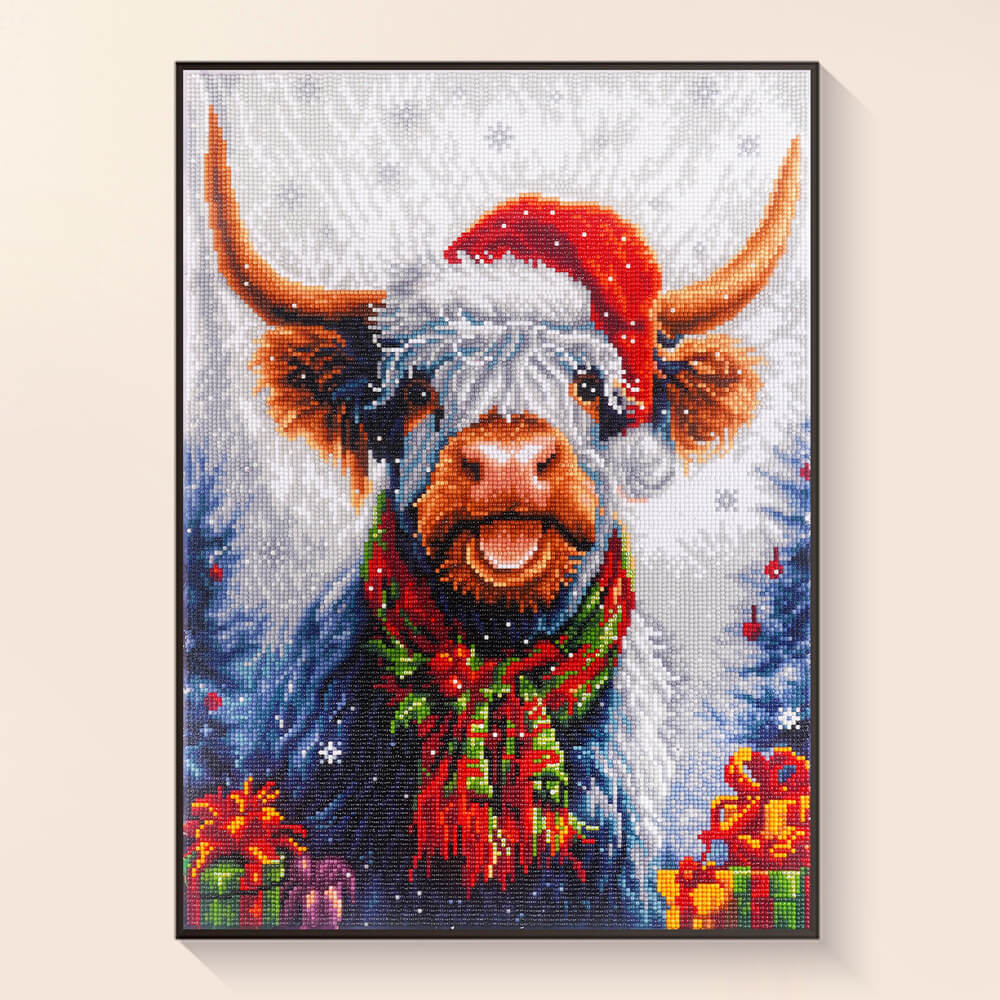 Finished Holiday Highland cow Christmas diamond painting with festive colors