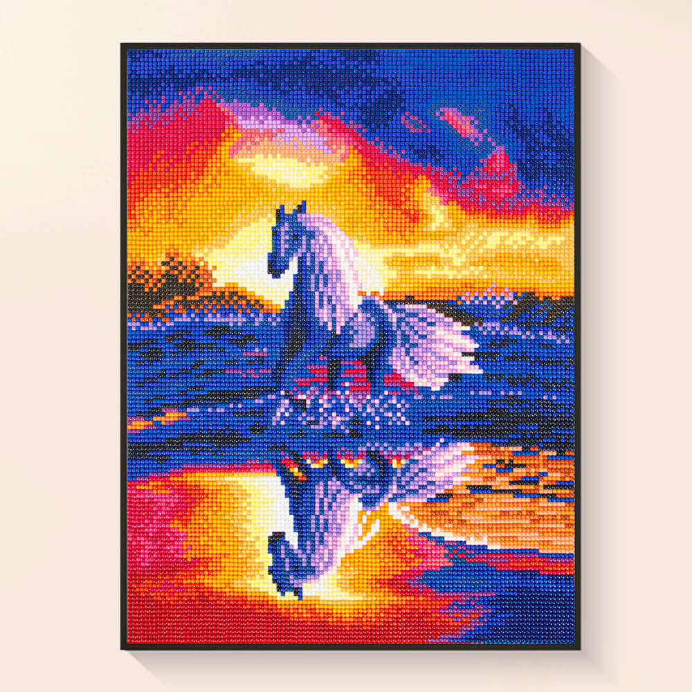 Finished horse diamond painting kit showing galloping white horse at sunset