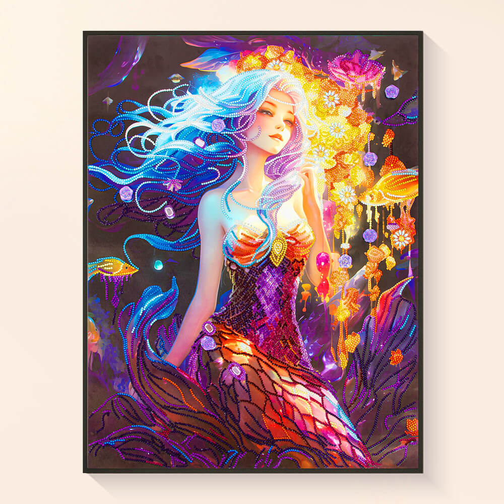Finished Mystic Mermaid diamond painting displayed on wall décor