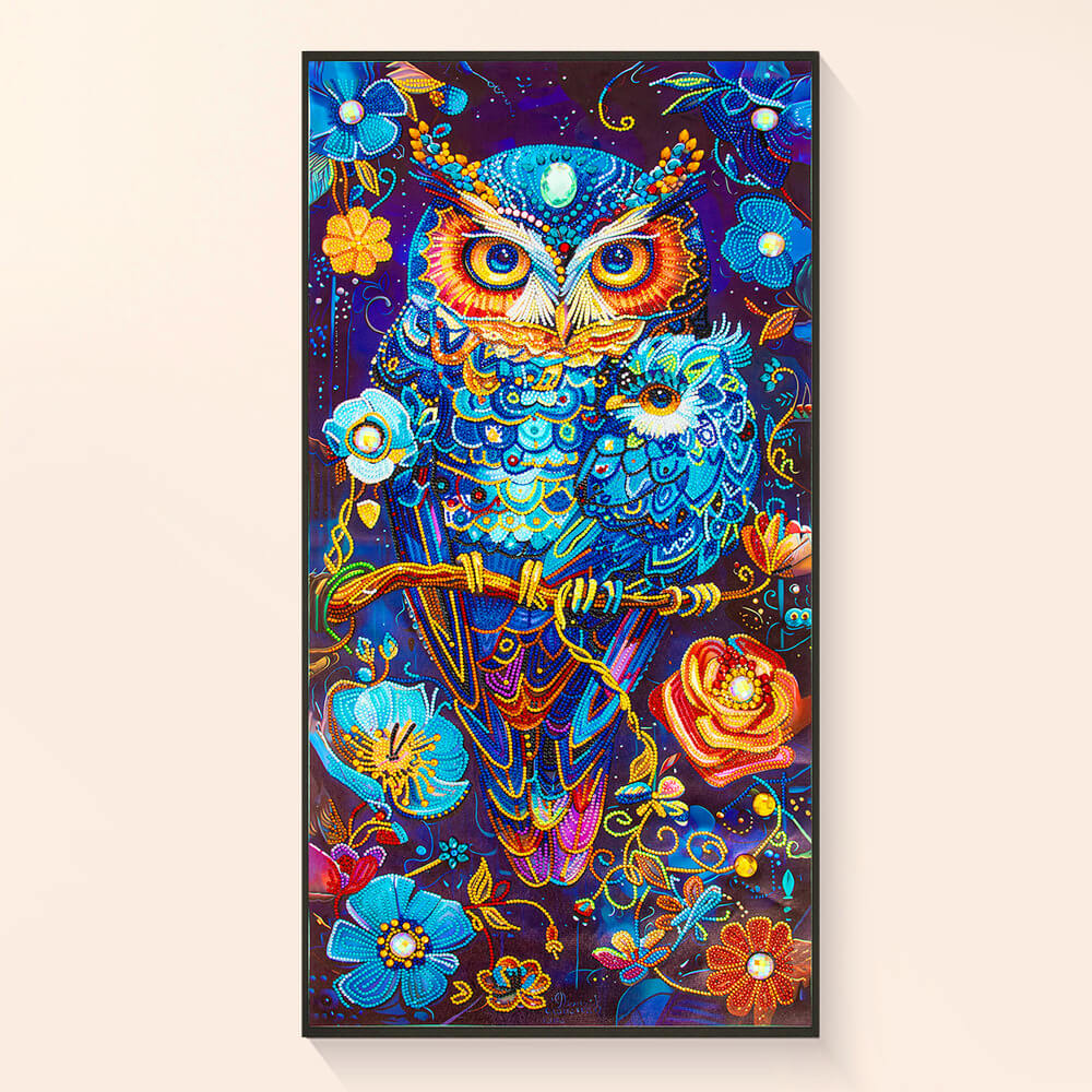 Finished owl diamond painting displayed as fantasy wall art décor