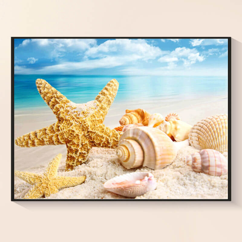 Finished seaside diamond painting with starfish and shells – DYC