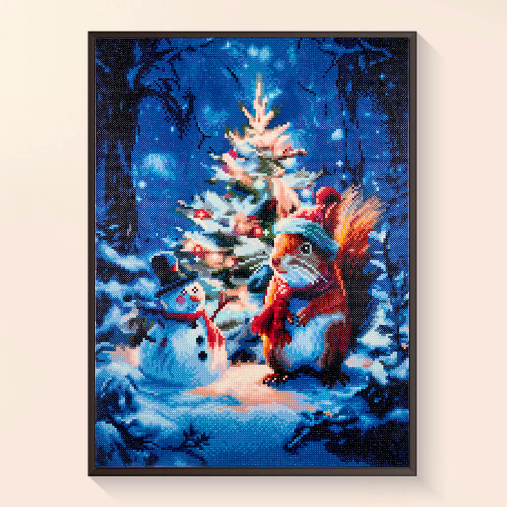 Finished diamond painting Squirrel's Christmas Glow with snowman and Christmas tree