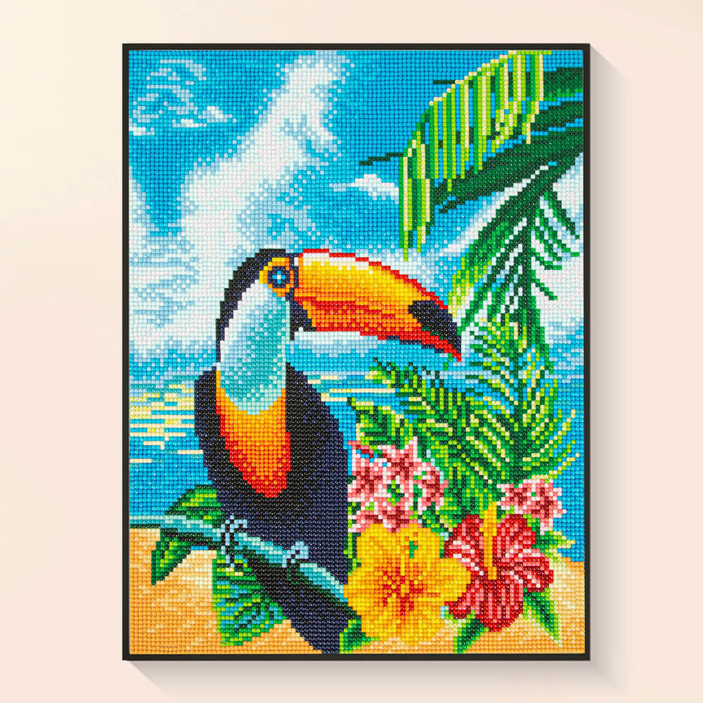 Finished toucan diamond painting showing exotic tropical bird art