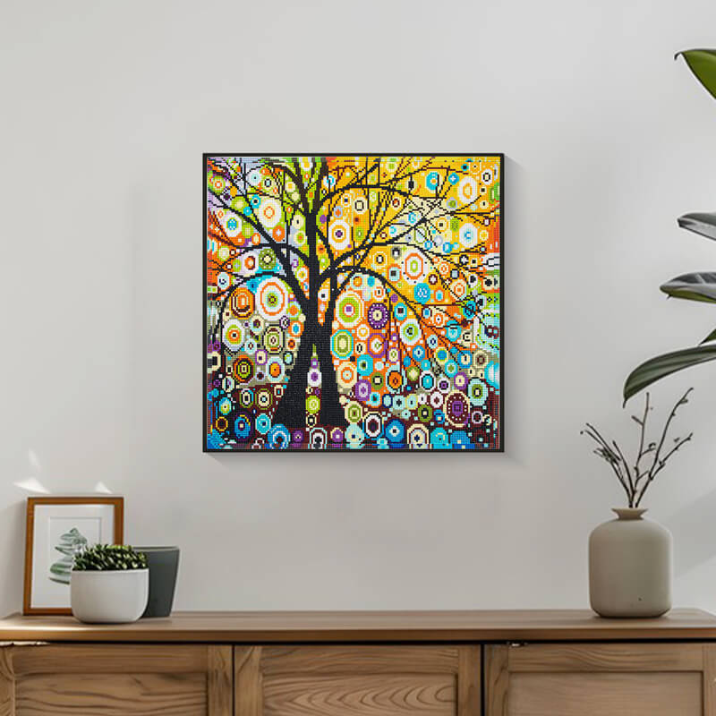 Finished Tree of Life diamond art painting displayed as wall décor