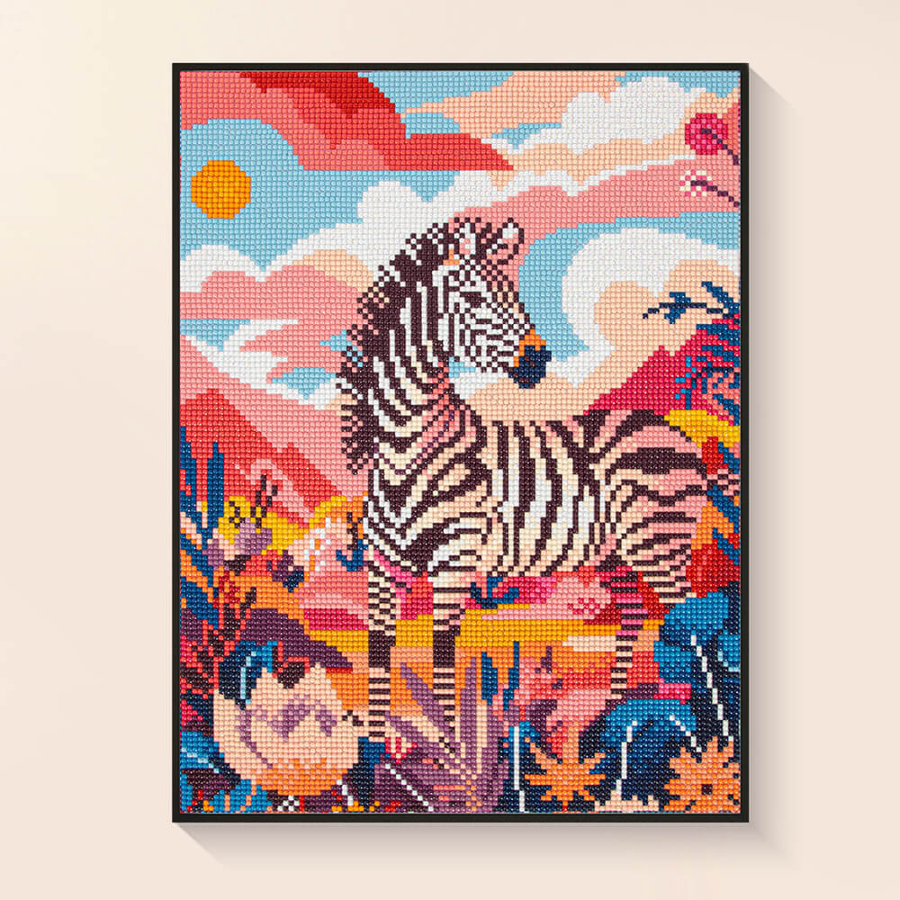 Finished zebra diamond painting displayed as wall art décor