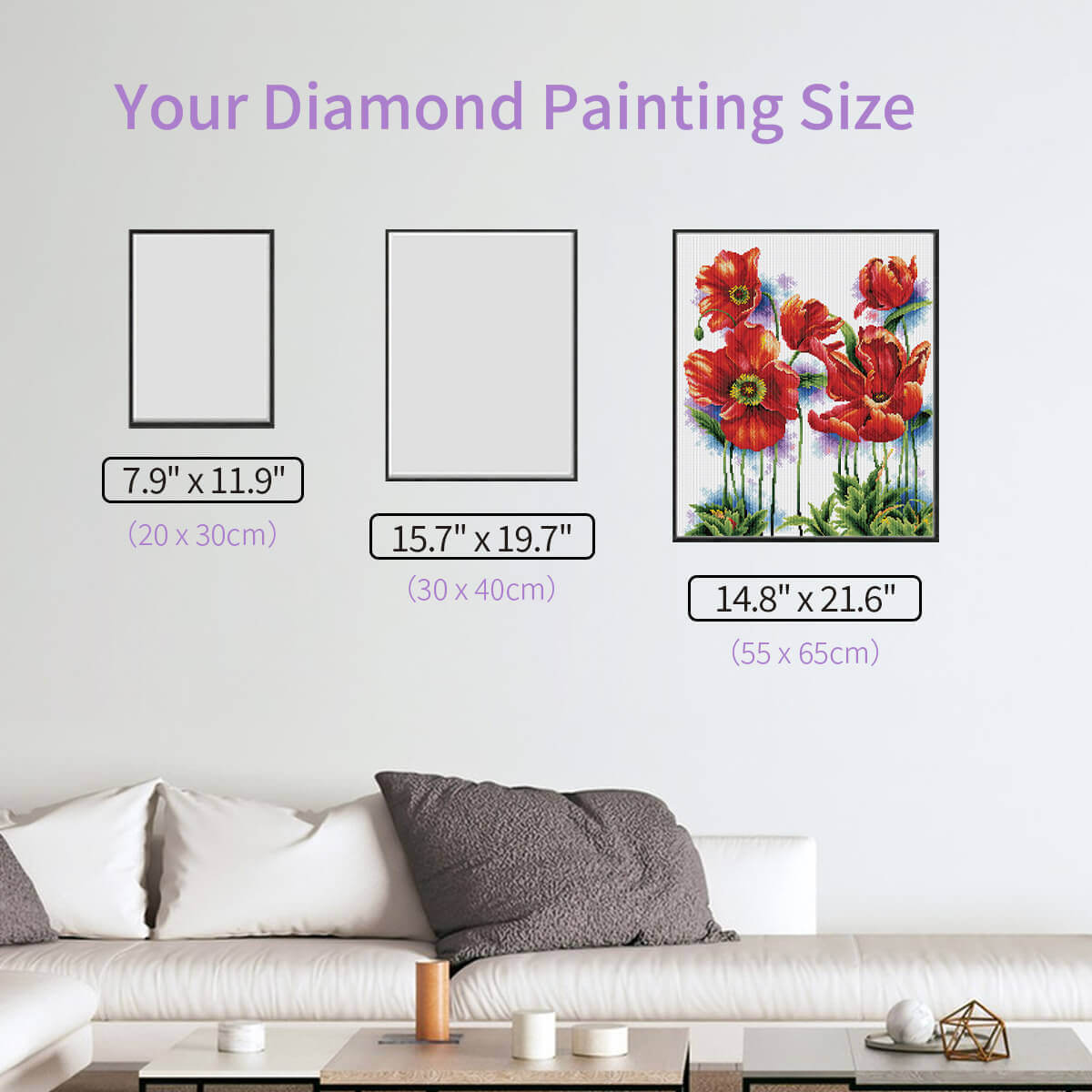 Size chart of flower diamond painting radiant red blooms in spring light