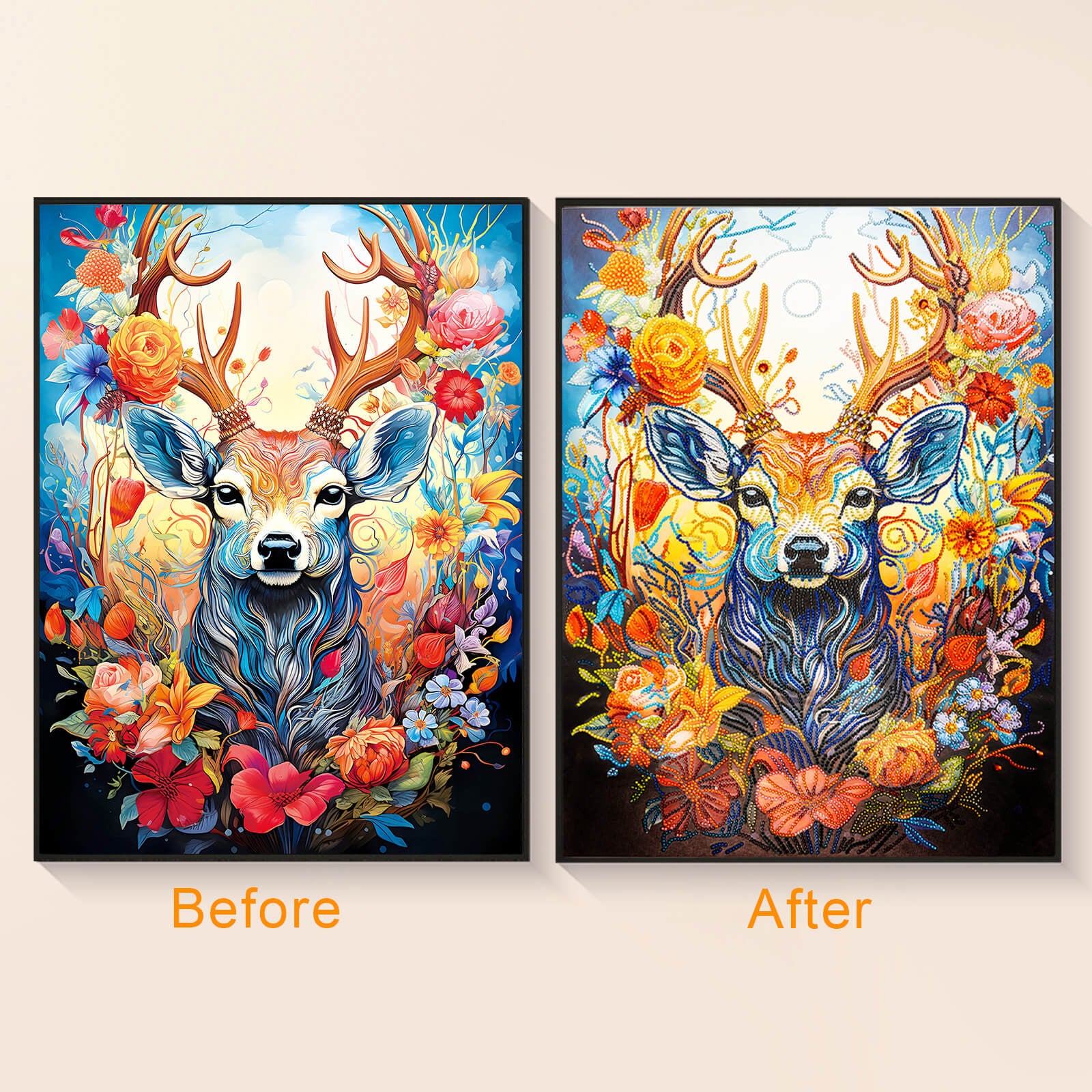Original photo vs finished Forest deer spirit diamond art – DYC