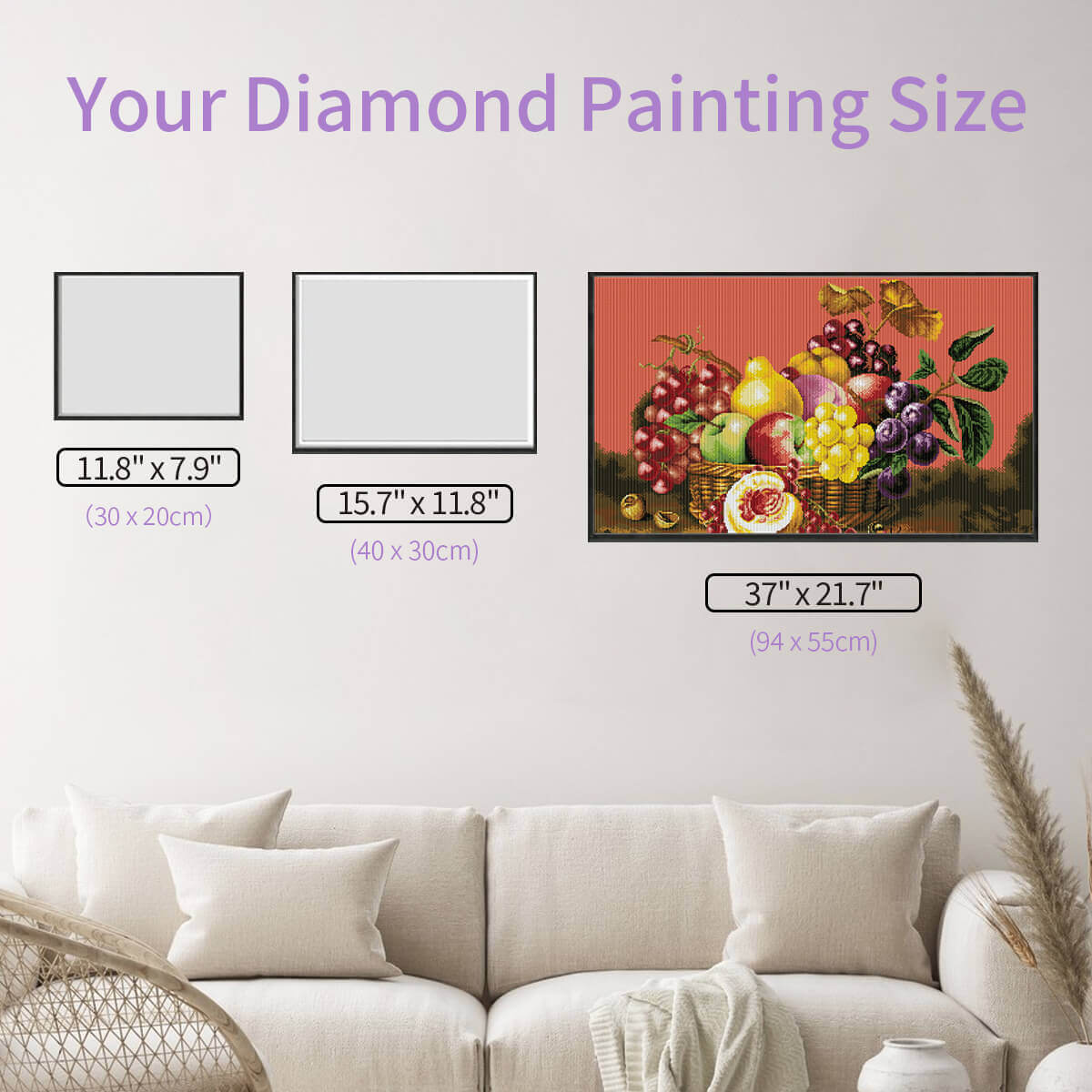Size chart of fruit basket diamond painting harvest still life scene