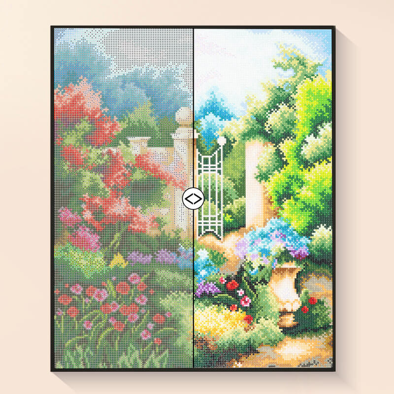 Before and after floral garden gate diamond painting kit DYC