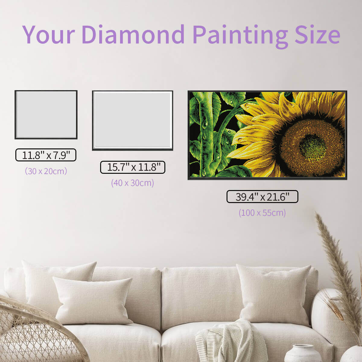 Size chart of sunflower diamond art golden bloom with morning dew