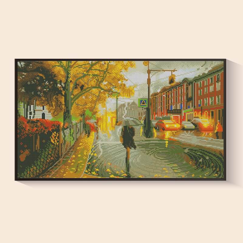 Golden Leaves on a Rainy City Street diamond painting kit – DIY art by DYC