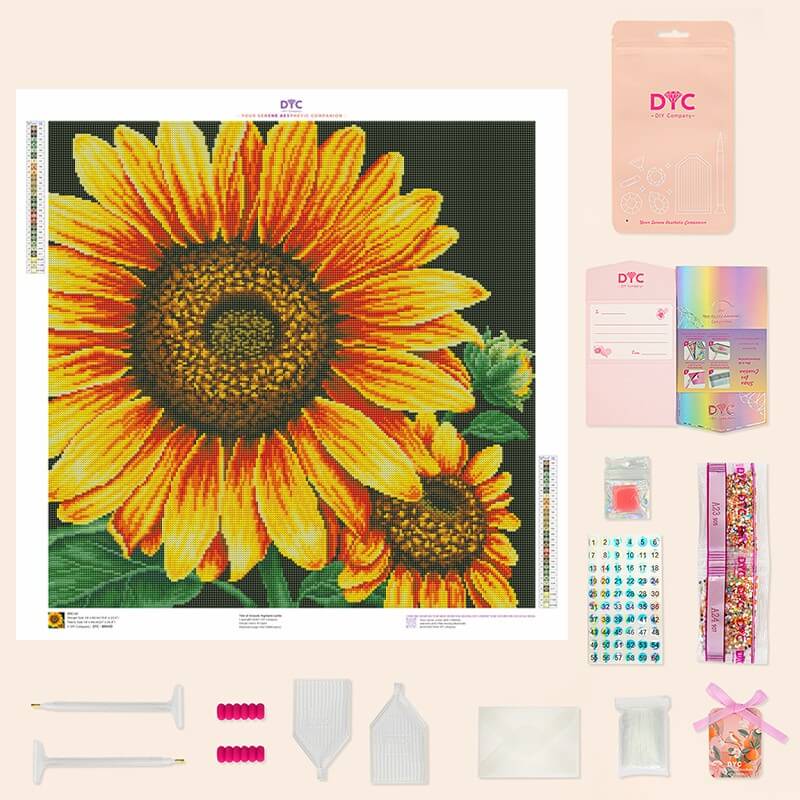 Complete Golden Pair of Sunflowers Diamond Art Kit with tools and drills | DYC