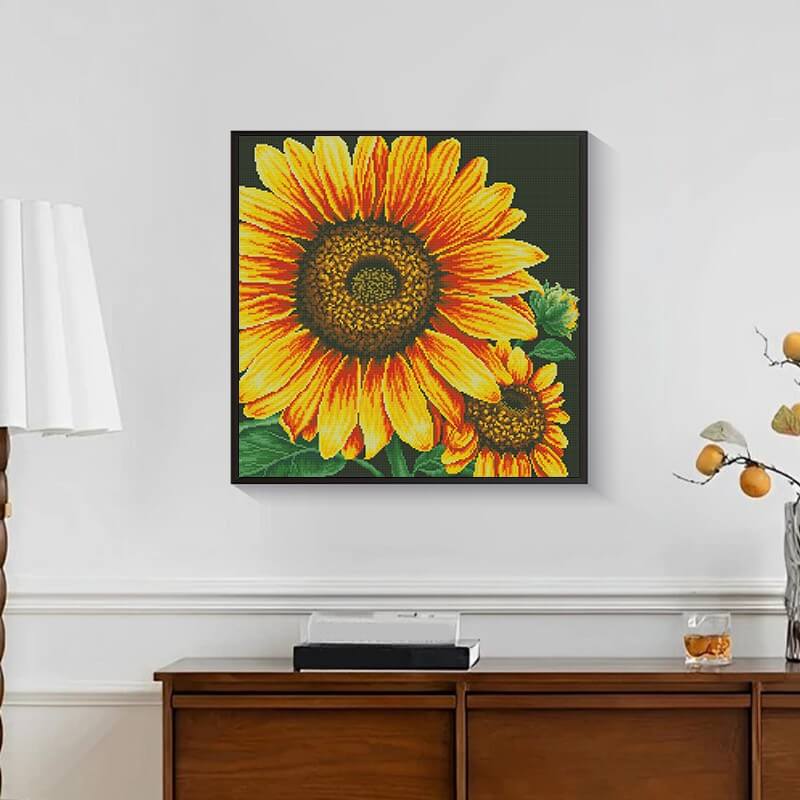 Finished Golden Pair of Sunflowers Diamond Art Kit – Sunflower floral wall art | DYC