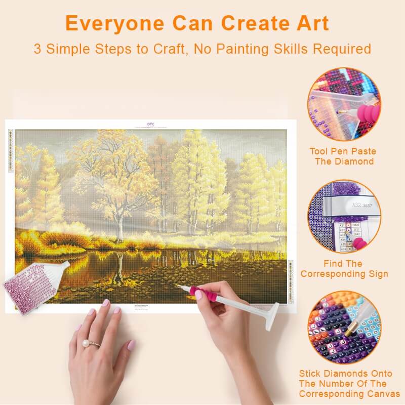 Step-by-step DIY process – Golden Reflection Autumn Landscape Diamond Painting Kit | DYC