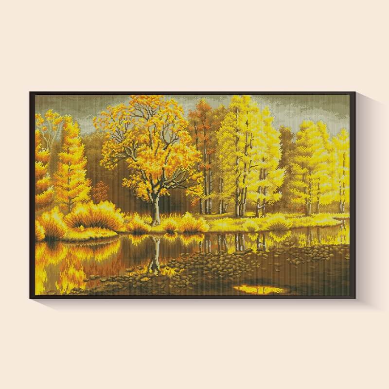 Golden Reflection Autumn Landscape Diamond Painting Kit – Cozy seasonal art | DYC