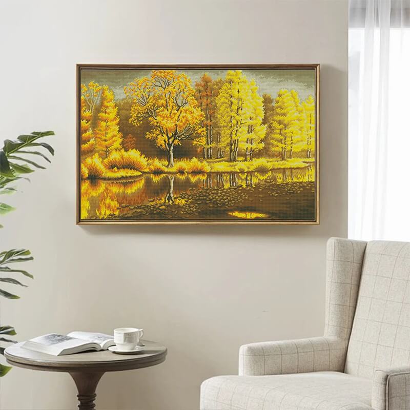Finished Golden Reflection Autumn Landscape Diamond Art Kit – Peaceful fall décor | DYC